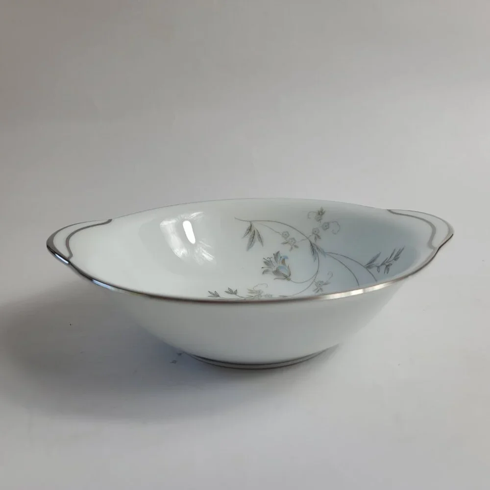 Noritake Valerie Lugged Soup Bowls Blue Gray Floral Platinum Trim #5812